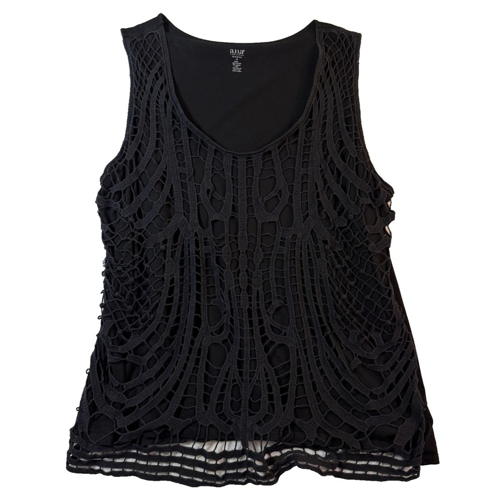 a.n.a Coquette Sleeveless Top Womens 2X Black‎ Crochet Lace Overlay Boho Chic